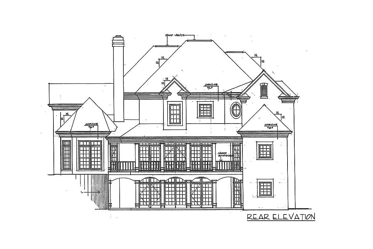 Rear elevation house plan drawing showing multiple gables, a prominent chimney, and a covered porch with arched openings.