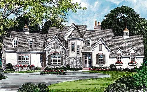 House plan exterior with stone accents, dormers, multiple gables, and a central turret.