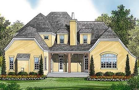 House plan exterior: Two-story home with multiple gables, covered porch with timber posts, and arched window.
