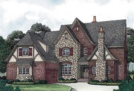 House plan exterior featuring stone and brick facade, multiple gables, dormers, and a prominent stone chimney.
