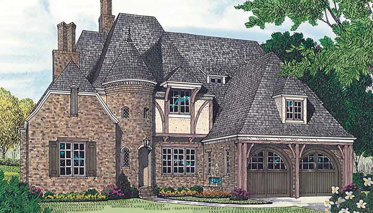 House plan exterior with brick facade, turret, arched garage doors, multiple gables, and dormers. Traditional style.