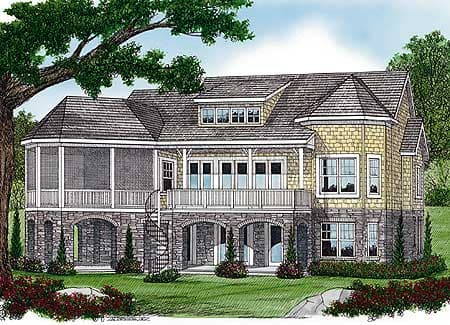 House plan exterior: two-story home with stone base, screened porch, upper balcony, and multi-gabled rooflines.