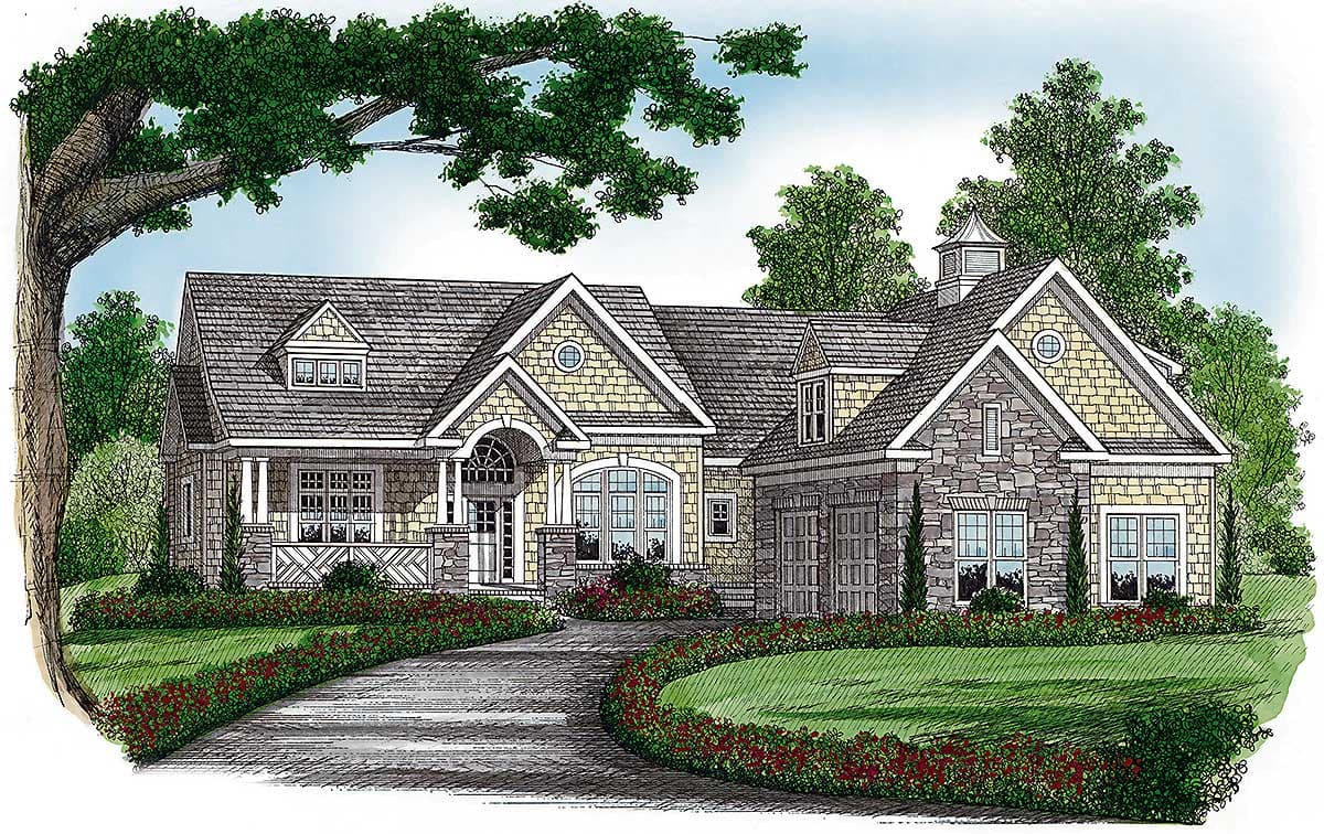 House plan exterior: Single-story Modern Farmhouse with front porch, stone and shingle siding, dormers, and a cupola.