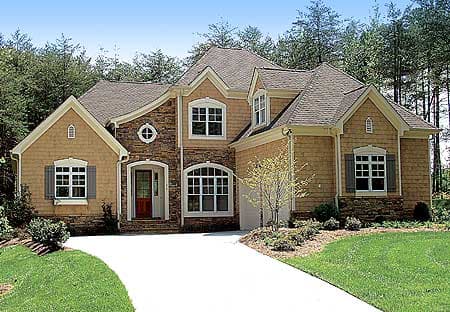 House plan exterior shows a two-story home with stone and shingle siding, a prominent gabled entrance, and arched windows.