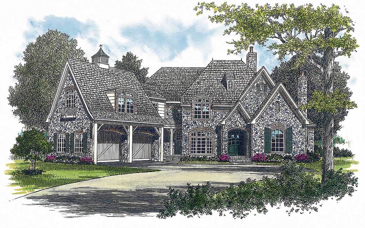 House plan exterior of a stone home with a steeply pitched roof, dormers, an attached three-car garage, and arched windows.