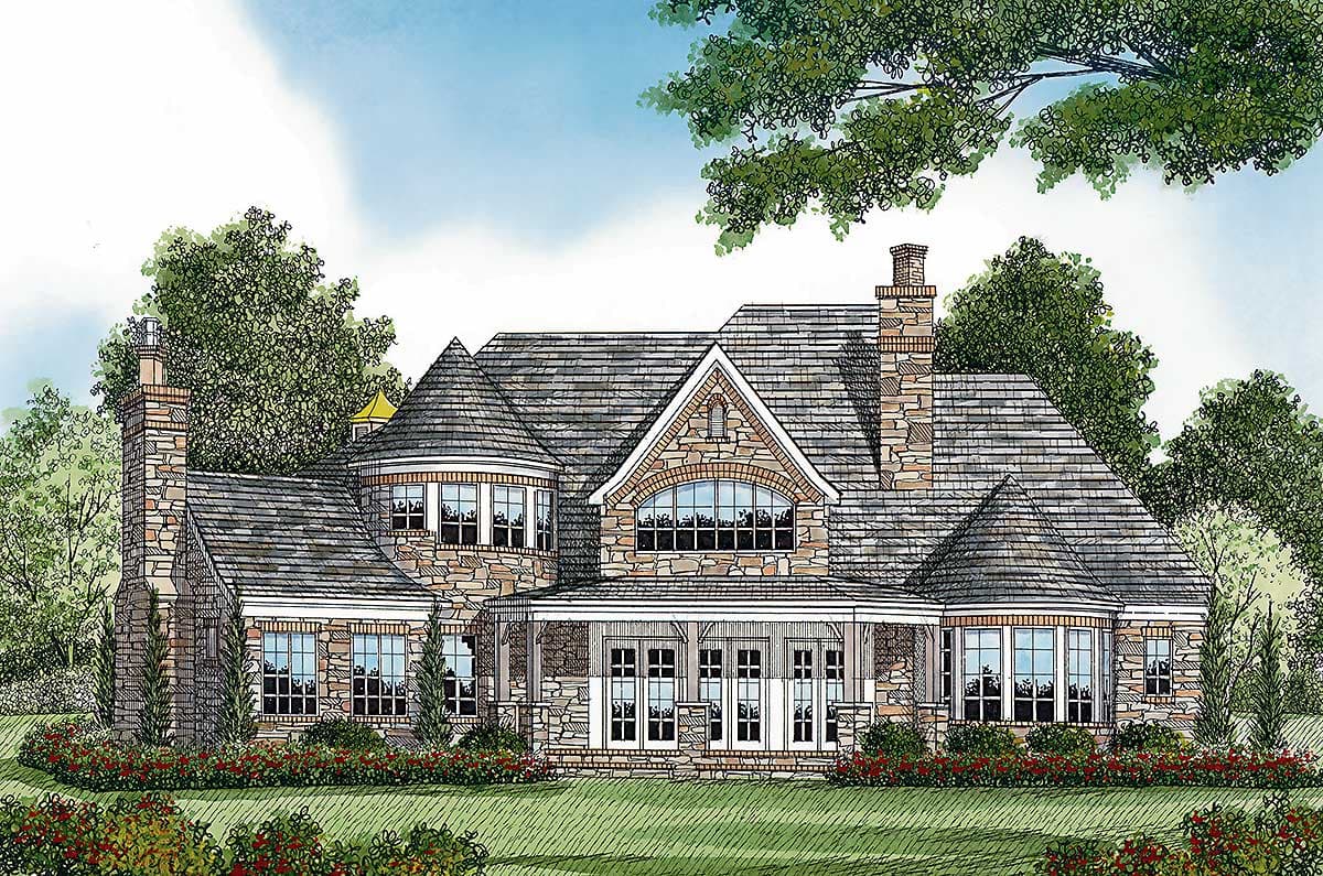 House plan exterior featuring stone facade, multiple gables, turrets, arched windows, and covered porch.