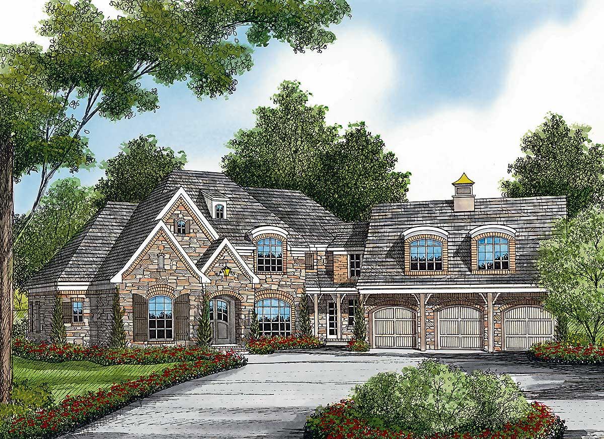 House plan exterior: Stone and brick two-story home with a three-car garage, arched windows, dormers, and a covered front porch.