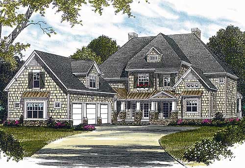 House plan exterior: Two-story home with prominent gables, dormers, shingle siding, and a three-car garage.