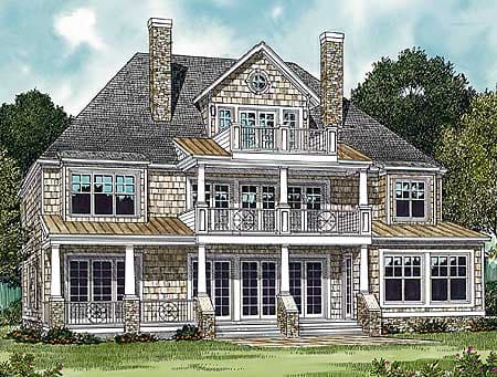 House plan exterior: Three-story home with dual chimneys, multiple balconies, and cedar shingle siding.