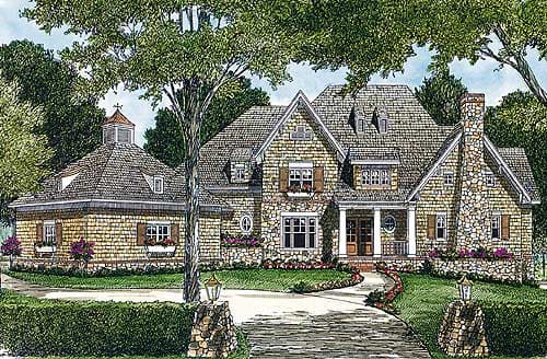 House plan exterior: Stone and shake-sided two-story home with dormers, a cupola on attached garage, and prominent stone chimney.