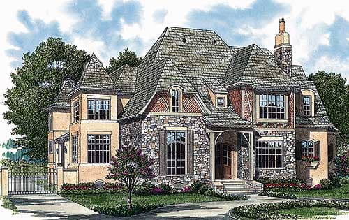 House plan exterior with stone and stucco facade, multiple gables, turret-style dormers, and a prominent stone chimney.