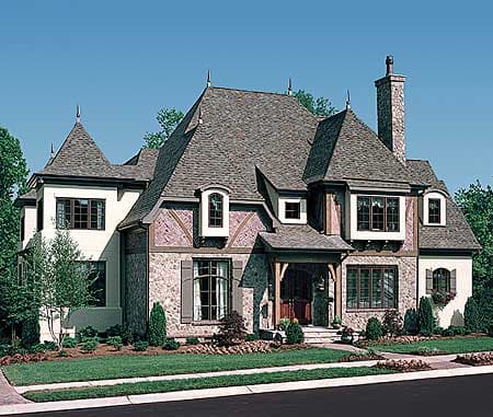 House plan exterior of a two-story French Renaissance style home with stone and stucco facade, prominent gables, and dormer windows.