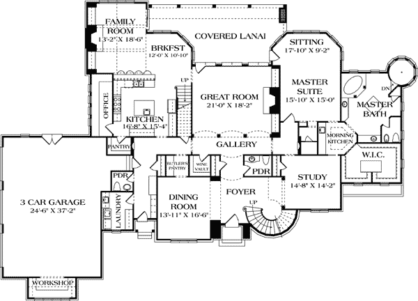 Plan 17537LV: Turreted Luxury Manor - Floor Plan - Main Level - European, French Country