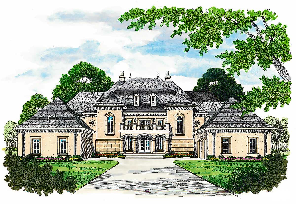 House plan exterior rendering of a large two-story home with mansard roof, arched windows, and second-story balcony.