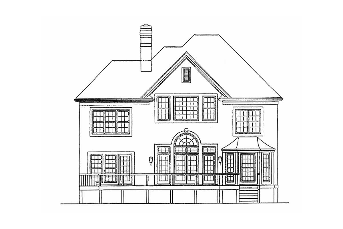 House plan exterior elevation: two stories, hip roof, prominent chimney, central arched entry with double doors, and a wide wrap-around deck.