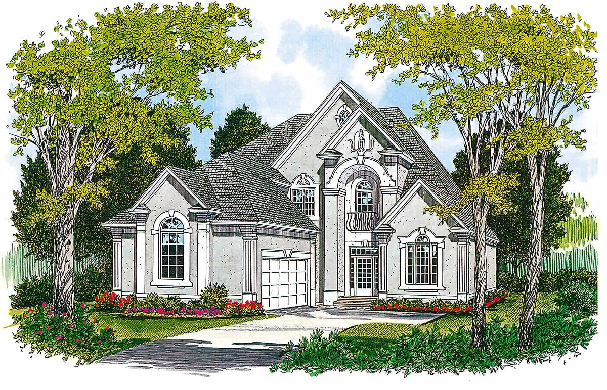 House plan exterior: Two-story home with a central gable, arched windows, balcony, and attached two-car garage.