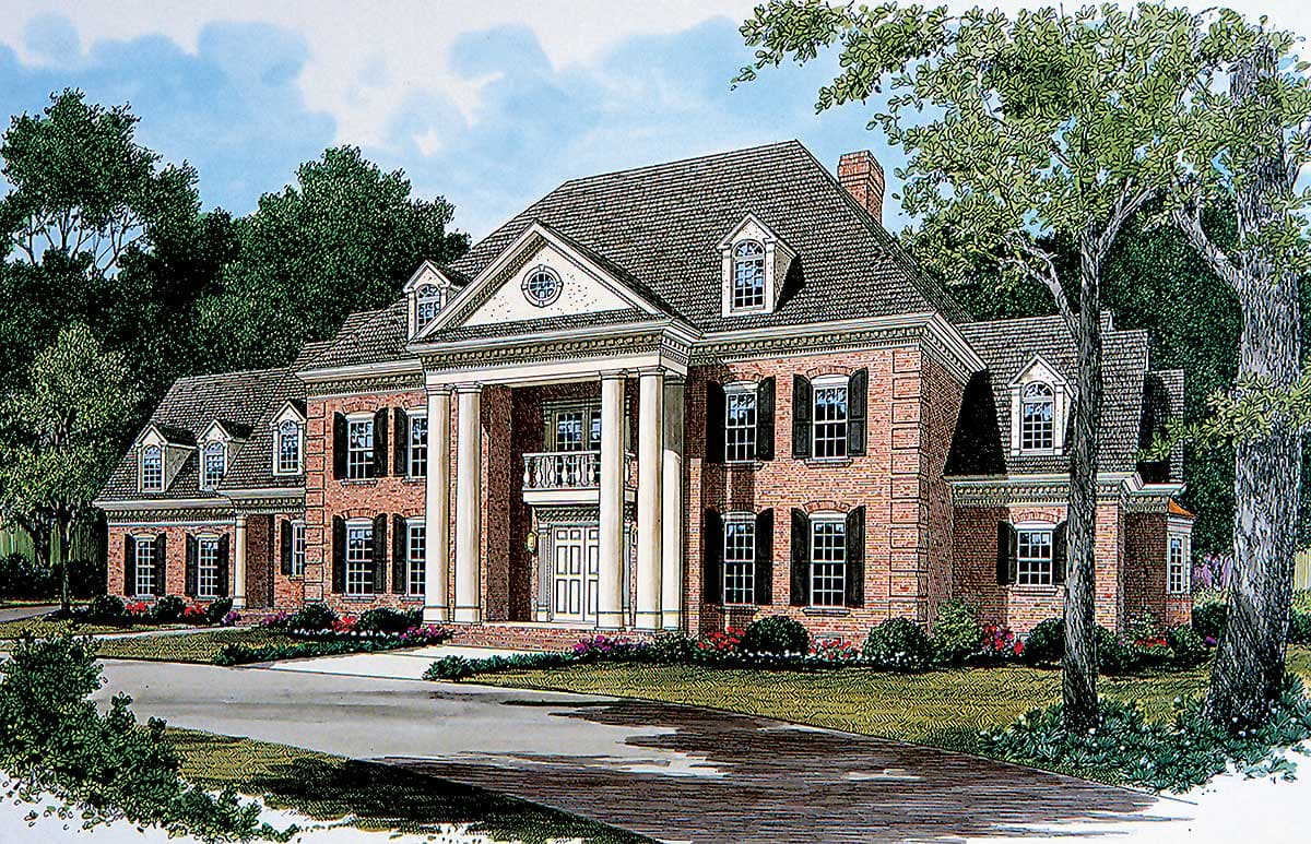 House plan exterior: Two-story brick house with a central portico, four columns, pediment, and dormer windows.