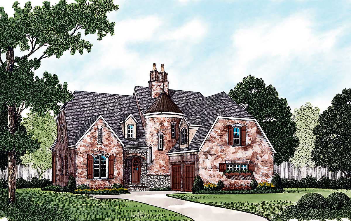 House plan exterior: brick, two-story, gabled dormers, turrets, arched entryway, and side-facing garage.