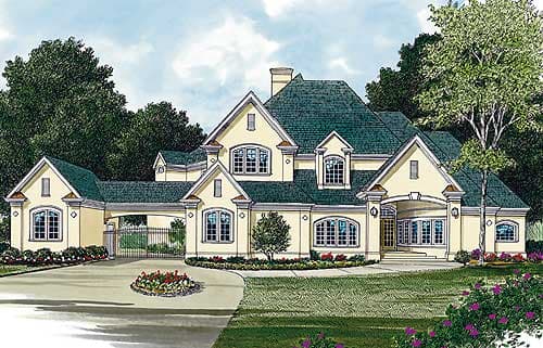 House plan exterior: Two-story home with gabled dormers, arched windows, a porte-cochère, and attached garage.