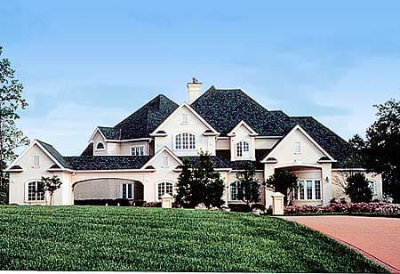 House plan exterior of a large, multi-story home with a prominent arched porte-cochere, multiple gables, and dormer windows.