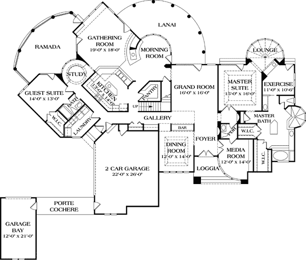 Plan 17572LV: Master Suite with Curved Lounge - Floor Plan - Main Level - European, Traditional