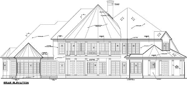 Rear elevation architectural drawing shows a large house with multiple gables, a prominent conical roof, and a second-story balcony.