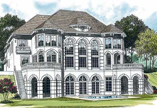 House plan exterior: Mediterranean style, multiple stories, arched windows, balconies, and a swimming pool.