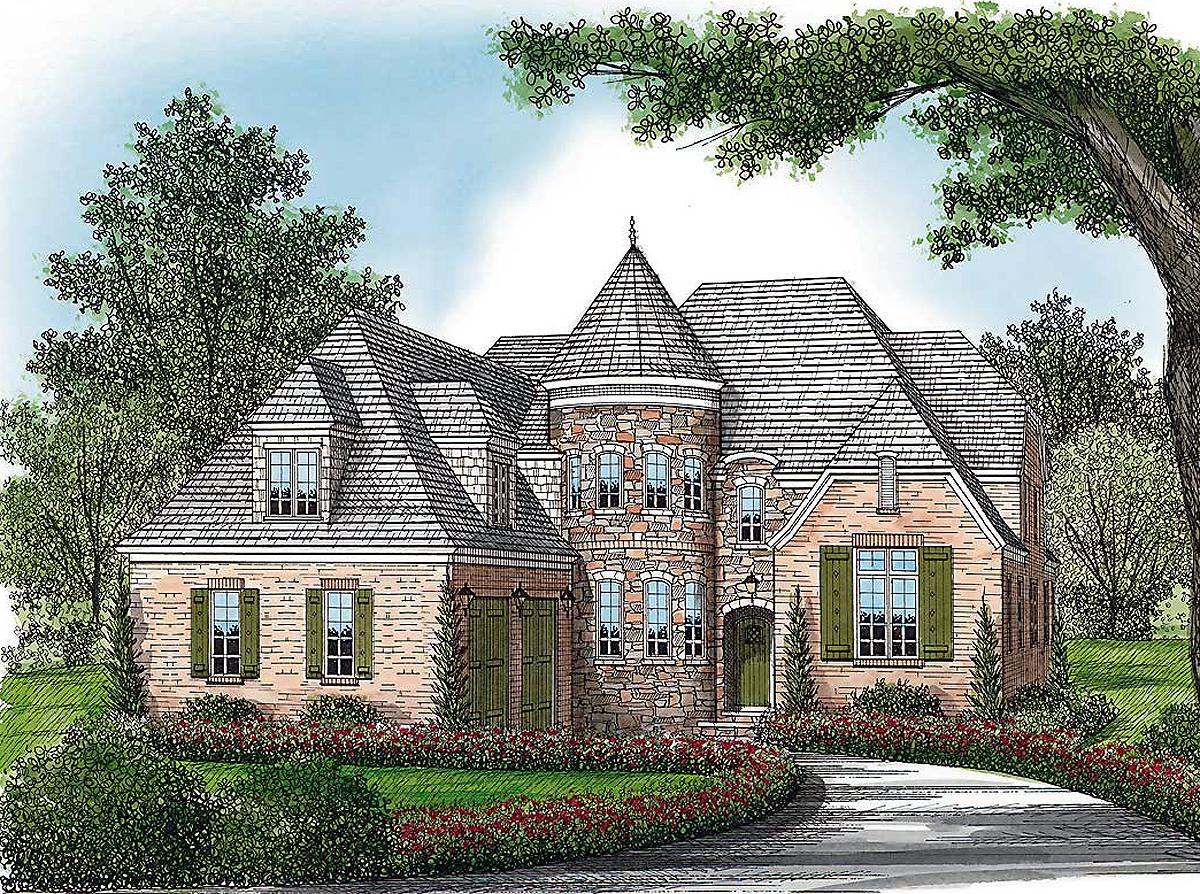 House plan exterior featuring a stone turret, multiple gables, dormer windows, and a brick facade.