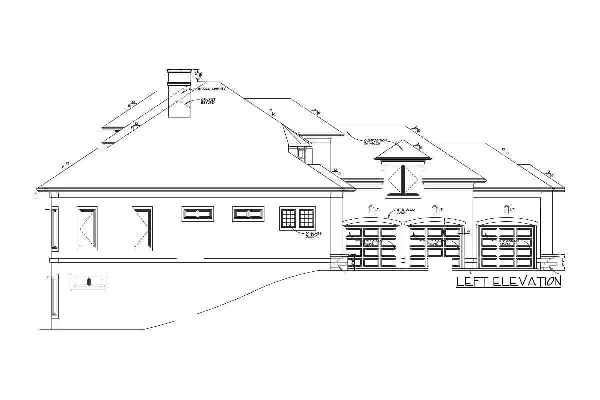 Left elevation house plan showing three garage doors, stucco chimney, dormer, and multiple windows.