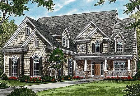 House plan exterior shows a two-story home with a prominent gable, covered porch, and varied shingle siding.