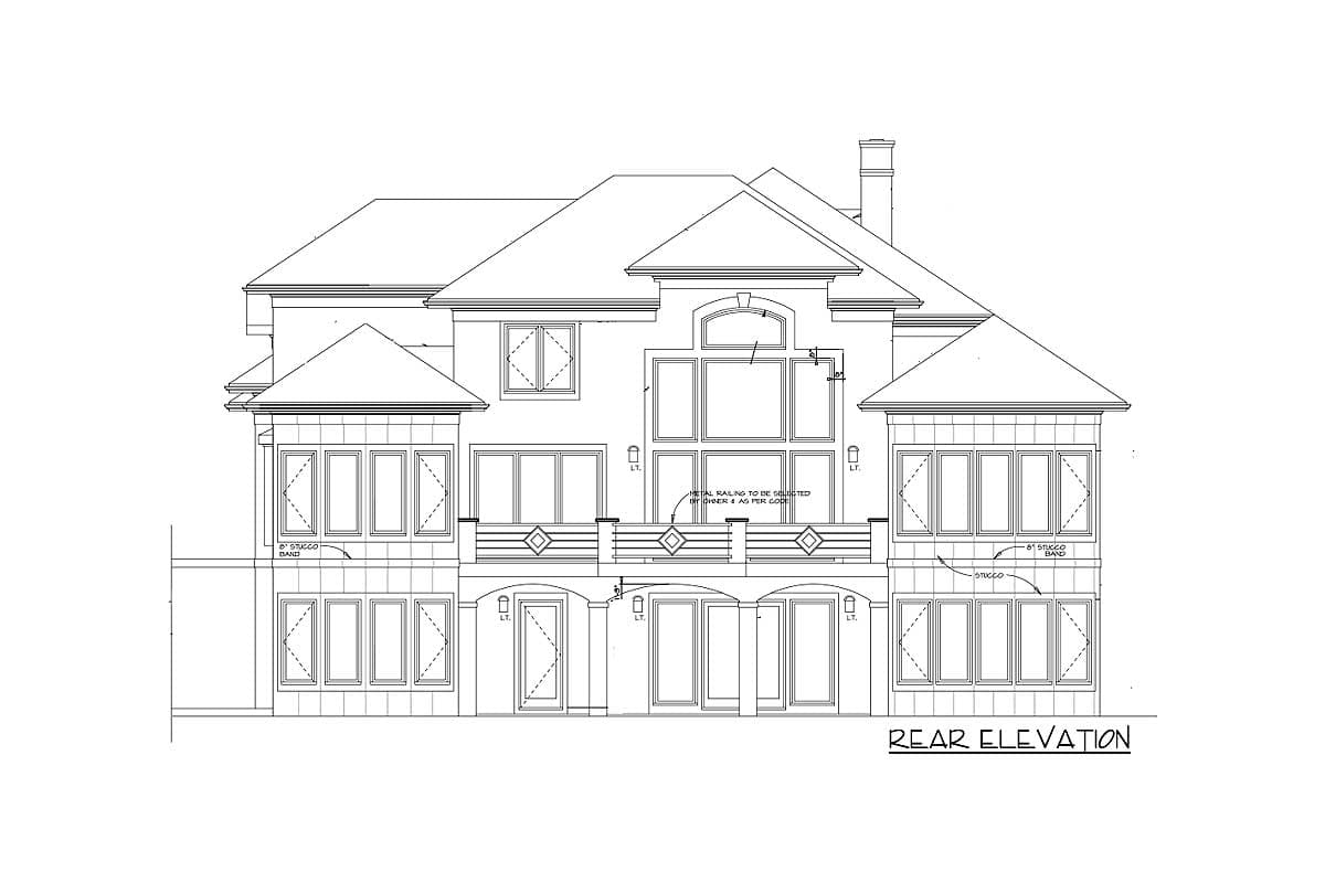 Rear elevation drawing of a multi-story house with prominent gables, a balcony with metal railing, and multiple bay windows.