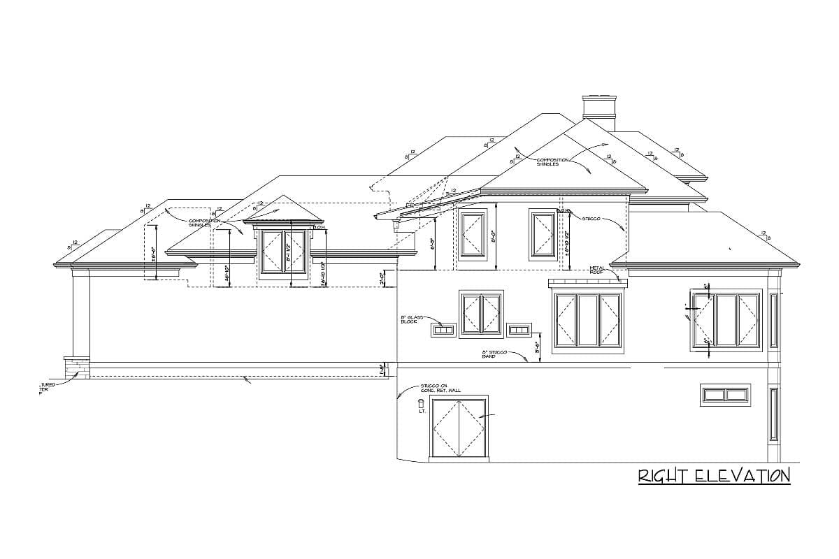 Architectural drawing of a house plan, right elevation view, showing composition shingles, stucco, multiple windows, and a covered porch.