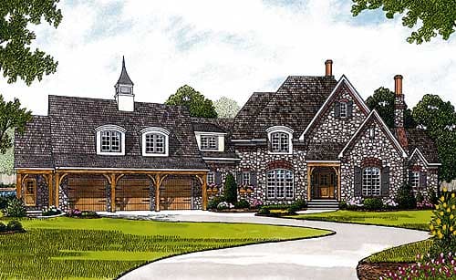 House plan exterior with stone facade, prominent gables, dormers, and a four-car porte-cochère with cupola.