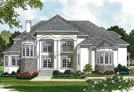 House plan exterior rendering with two stories, arched portico, bay windows, and stone accents.