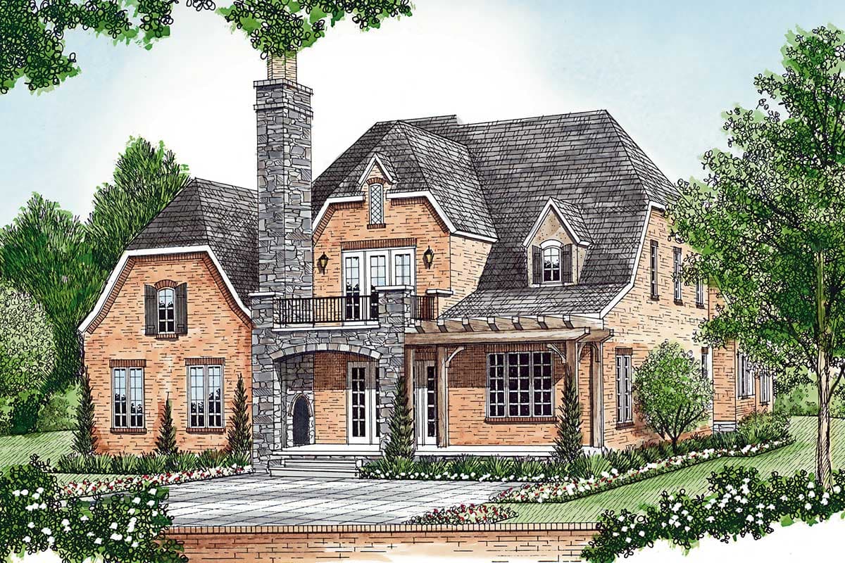 House plan exterior showing a two-story brick home with stone accents, large chimney, dormers, and covered porch with pergola.