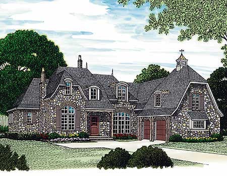 House plan exterior featuring stone facade, prominent gables, dormer windows, covered entry, and a two-car garage.