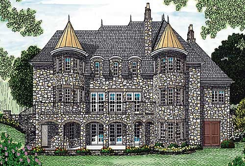 House plan exterior drawing of a multi-story stone home with conical turrets, arched entryway, and dormer windows.