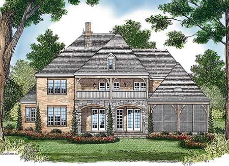 House plan exterior featuring brick and stone facade, second-story balcony with wooden posts, dormer, and screened porch.