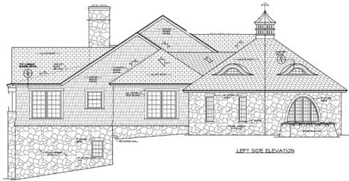 Left side elevation drawing of a house plan showing stone foundation, shingle siding, gabled roof with dormers, and cupola.
