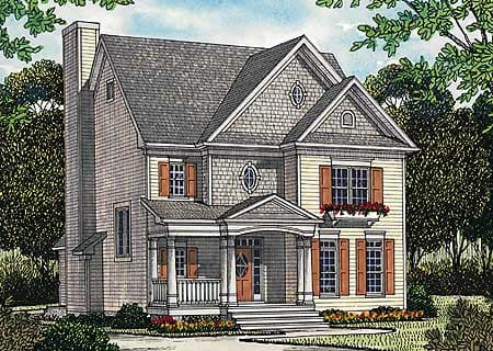 House plan exterior: Two-story home with prominent chimney, covered front porch, and multiple gables with oval dormers.