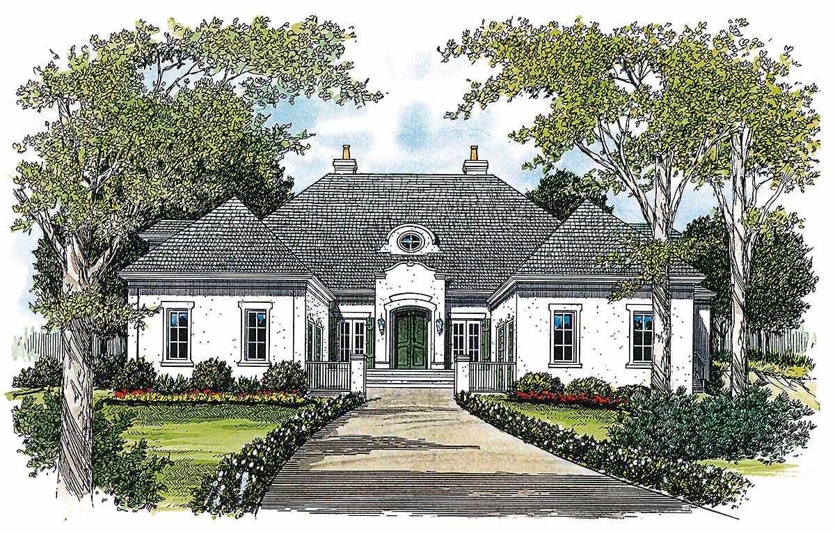 House plan exterior: Single-story home with a hipped roof, centered entrance, dormer, and symmetrical wings.