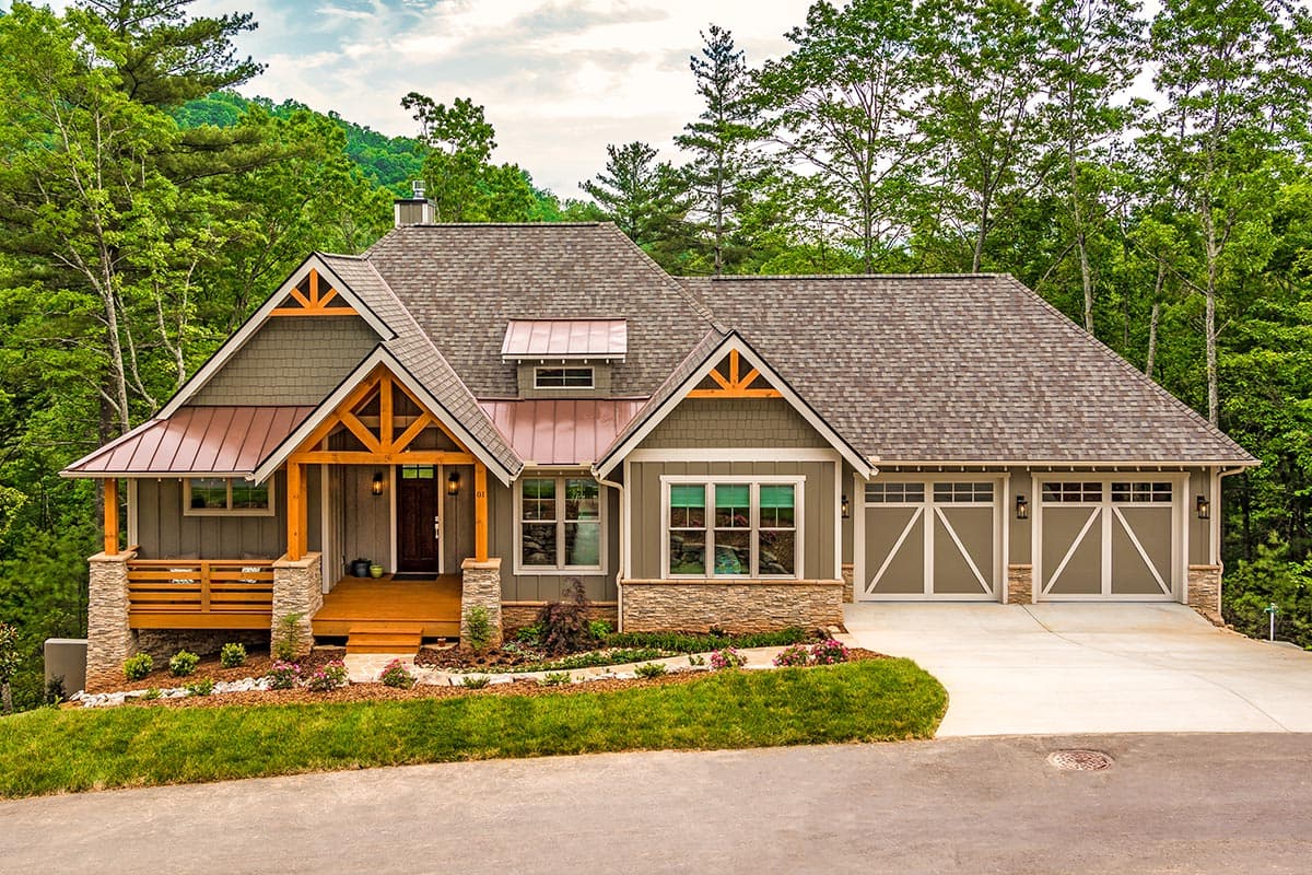 House plan exterior with Craftsman style. Features include a covered front porch with timber frame, gabled roof, and attached garage with two bays.