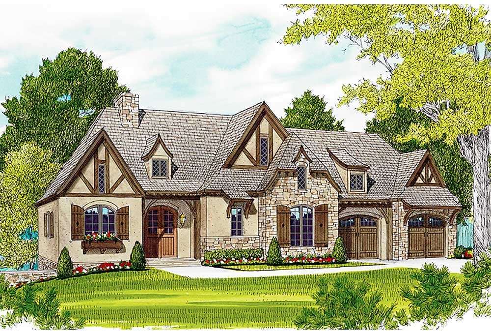 Tudor style house plan exterior with stone and stucco facade, multiple gables, dormers, and a three-car garage.