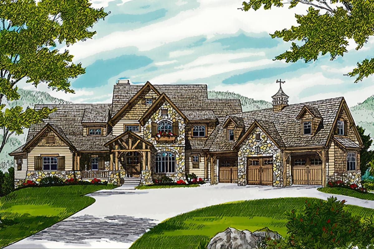 House plan exterior: Rustic lodge style, multiple gables, stone and wood facade, covered entry, and three-car garage.