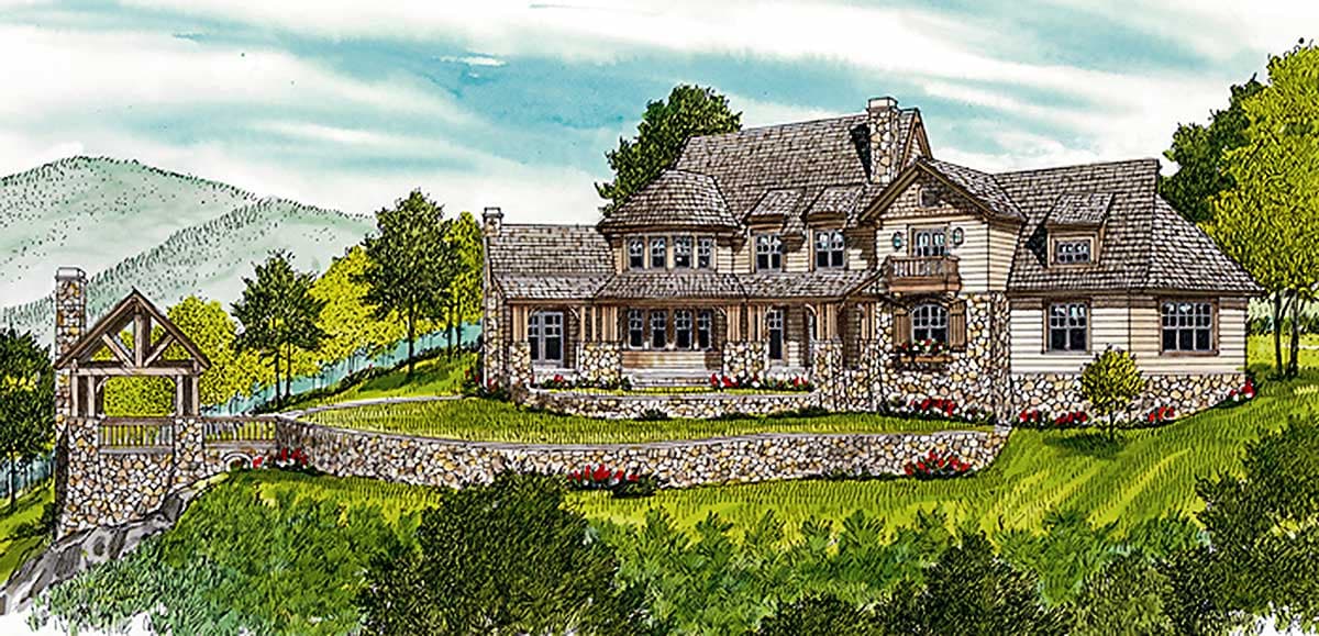 Craftsman-style house plan exterior with stone and wood siding, multiple gables, dormers, and a covered porch.