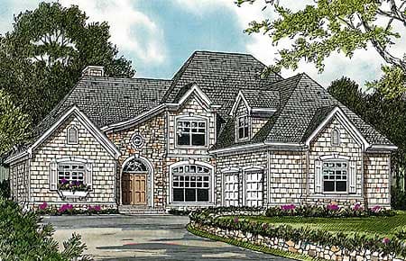 House plan exterior: two-story stone and shingle home with arched entry, multiple gables, dormers, and a three-car garage.