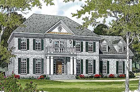 House plan exterior: Two-story brick home with central portico, balcony, dormer windows, and symmetrical facade.