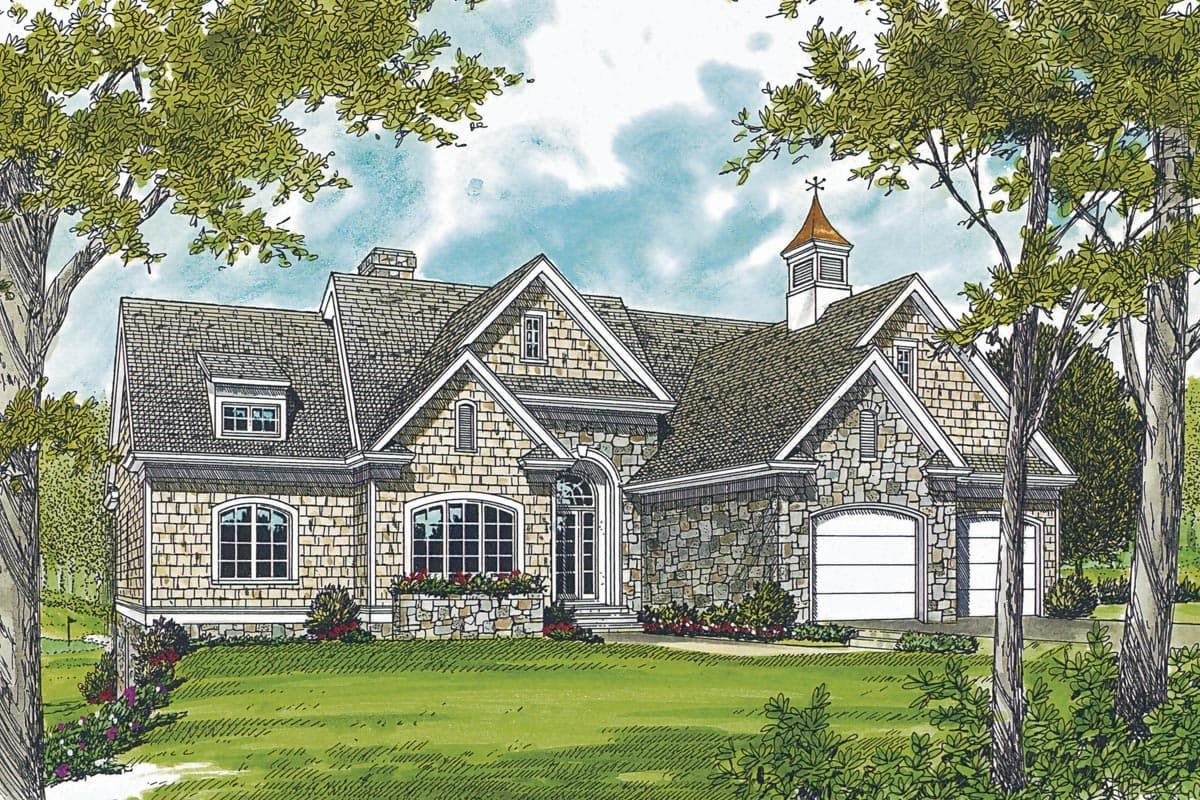House plan exterior: one-story home with stone and shingle siding, arched entryway, dormer window, and a cupola.
