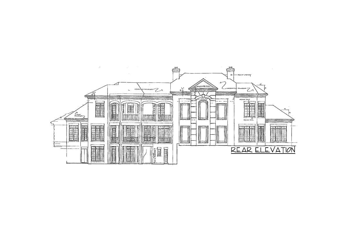 Rear elevation drawing of a multi-story house with multiple balconies, arched windows, and prominent chimneys.