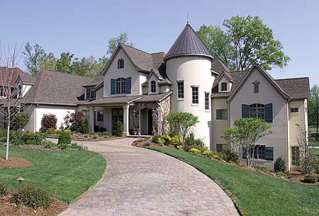 French Country house plan exterior with turret, gables, dormers, stone accents, and covered entry.
